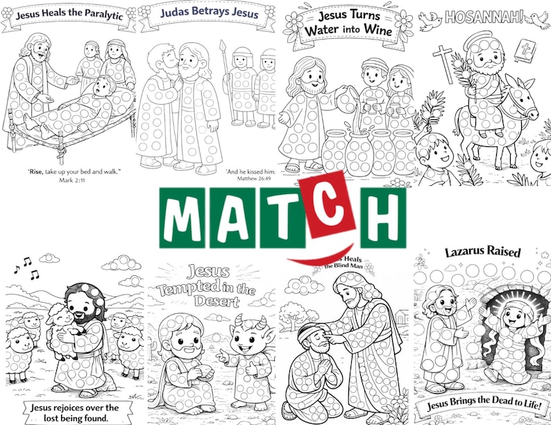 May include: A black and white colouring book page featuring biblical scenes such as Jesus healing the paralytic and Judas betraying Jesus. The word "MATCH" is in the centre, with various other illustrations.