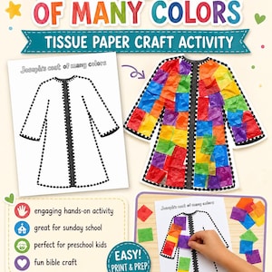 以下が含まれることがあります： Joseph's Coat of Many Colorsと題されたクラフトアクティビティキットで、ローブの印刷可能なテンプレートが含まれています。キットには、色とりどりの薄葉紙の正方形で装飾された完成例、プロジェクトの手順、およびテキストが含まれています。