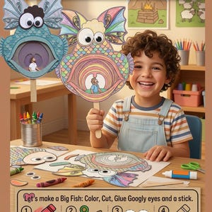 May include: A craft kit titled Jonah and the Big Fish featuring paper cutouts of fish with googly eyes and a figure inside. The kit includes instructions to color, cut, glue googly eyes, and attach a craft stick to create a puppet.