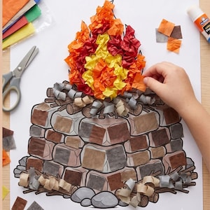 May include: A craft activity sheet titled Elijah and the Fire featuring a printed outline of a stone altar and fire. The design is partially filled with crumpled red, orange, and yellow tissue paper for flames and flat brown squares for stones.