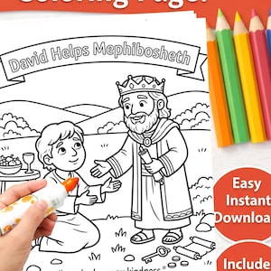 Puede incluir: Una página para colorear en blanco y negro titulada "David Helps Mephibosheth" con una escena bíblica. La imagen incluye un rey y un joven, con texto y lápices de colores. La página está etiquetada como "¡Página para colorear!"