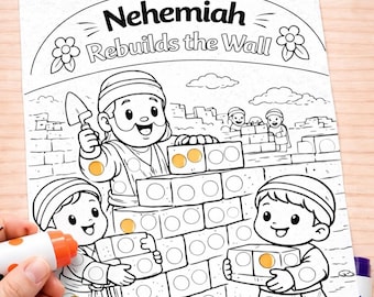 Nehemiah Rebuilds the Wall Dot Printable | Bible Activity for Kids |  Sunday School Coloring Page| Preschool Dot Marker