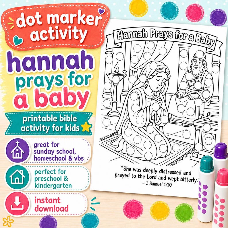 May include: A printable Bible activity for children with the text "Hannah Prays for a Baby." The black and white illustration shows a biblical scene with a woman praying. Includes dot marker activity and is suitable for Sunday school and preschool.