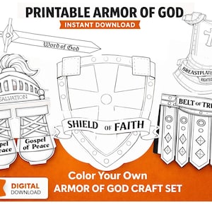 May include: Printable black and white Armor of God craft set. Includes a sword with "Word of God", a helmet with "Salvation", a shield with "Shield of Faith", a breastplate with "Breastplate Righteousness", a belt with "Belt of Truth", and two "Gospel of Peace" boots.