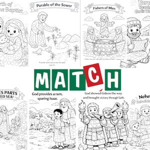May include: A selection of black and white colouring pages depicting biblical scenes. Illustrations include the birth of John the Baptist, the parable of the sower, and Moses parting the Red Sea. The word "MATCH" is also visible.
