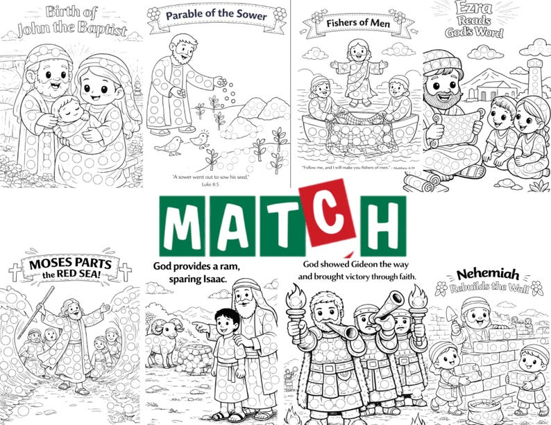 May include: A selection of black and white colouring pages depicting biblical scenes. Illustrations include the birth of John the Baptist, the parable of the sower, and Moses parting the Red Sea. The word "MATCH" is also visible.