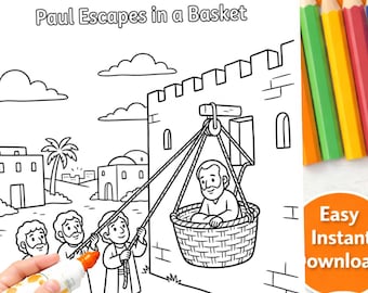 Página para colorear de Pablo escapando en una cesta, Saulo se convierte en el apóstol Pablo, Saulo en Damasco, Manualidad de Pablo bajado en una cesta con bolsa de papel