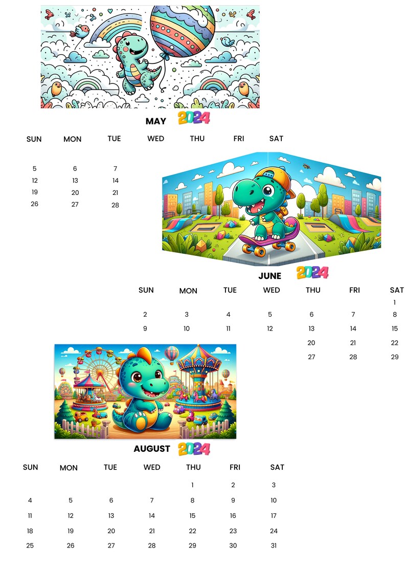 2024 Dinosaur Calendar Monthly Calendar Dinosaur printable Kids