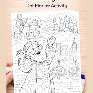 Op de afbeelding: Zwart-wit printbaar dot marker activiteit vel met de titel "Zechariah's Night Visions". Het vel bevat illustraties van mensen op paarden, een man met een baard en andere bijbelse scènes. De woorden "Instant Download" staan onderaan.