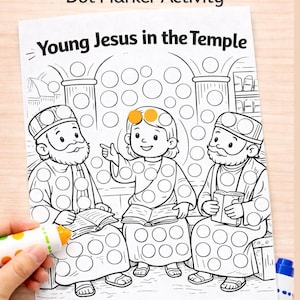O jovem Jesus no Templo - Desenho com marcadores para Escola Dominical, Ensino Domiciliar, Atividade Bíblica com Pontos | Atividade Bíblica para Crianças | Marcador com Pontos para Educação Infantil
