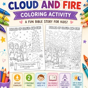 May include: A colorful illustration for a children's coloring activity titled "Pillar of Cloud and Fire." The image features two coloring pages with biblical scenes, along with icons and text promoting the activity as a fun, kid-friendly Bible story for ages 4-5.