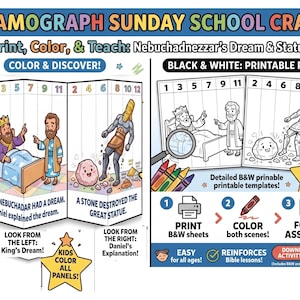 May include: An agamograph Sunday school craft activity sheet featuring Nebuchadnezzar's dream and statue. The printable pack includes coloured and black and white templates with instructions to print, colour, and fold the panels to reveal two different scenes.