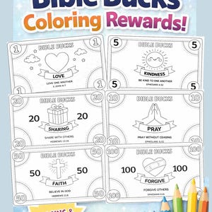 Bible Bucks Coloring Printable (Spanish version included) | Reward System for Kids | Faith-Based Incentive Money for Sunday School & VBS