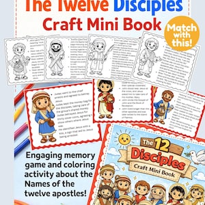 May include: A craft mini-book titled "The Twelve Disciples" with illustrations of biblical figures. The book includes colouring activities and a memory game about the twelve apostles. The cover features cartoon images of the disciples.