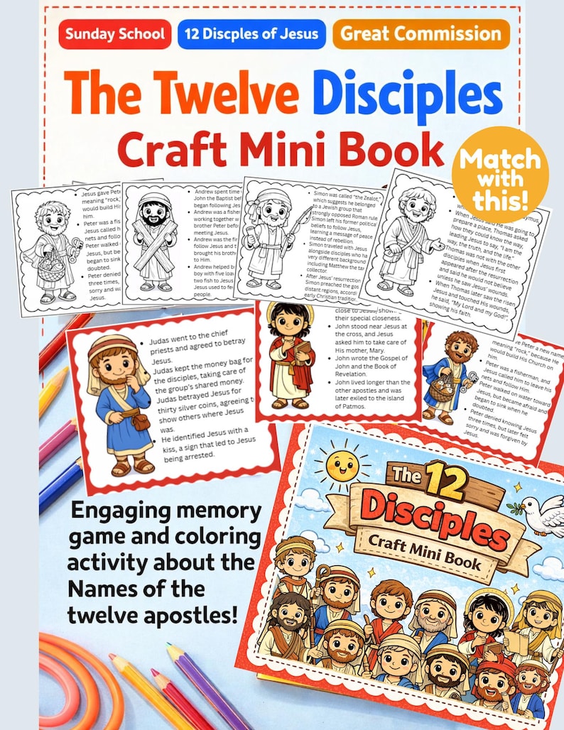May include: A craft mini-book titled "The Twelve Disciples" with illustrations of biblical figures. The book includes colouring activities and a memory game about the twelve apostles. The cover features cartoon images of the disciples.