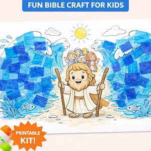 May include: A printable craft kit featuring a cartoon illustration of Moses parting the Red Sea with blue tissue paper squares. The text reads Moses Parts the Red Sea, FUN BIBLE CRAFT FOR KIDS, PRINTABLE KIT, and PART the Red SEA with an adorable tissue paper craft.