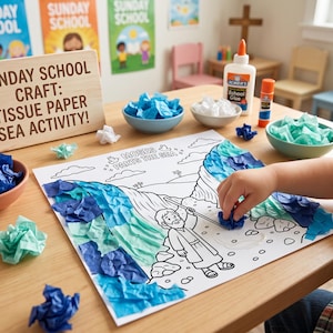 May include: A Sunday School craft activity featuring a colouring sheet titled Moses Parts the Sea, with bowls of blue, teal, and white tissue paper squares, a bottle of school glue, and a wooden sign reading Sunday School Craft: Tissue Paper Sea Activity.