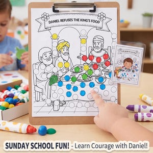 Daniel rechaza la comida del rey. Marcador de puntos para la escuela dominical y la educación en el hogar: Hoja de actividades bíblicas de Daniel 1:8 para niños pequeños.