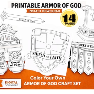 Puede incluir: Un set de manualidades imprimible Armadura de Dios con 14 páginas de ilustraciones en blanco y negro, incluyendo una espada etiquetada Word of God, un casco con Salvation, un escudo con Shield of Faith, una coraza y un cinturón.