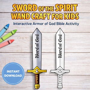 Puede incluir: Una actividad manual de espada del espíritu con dos ilustraciones de espadas, una coloreada y otra en contorno, con el texto Word of God en las hojas. Incluye tres crayones y el texto SWORD OF THE SPIRIT WAND CRAFT FOR KIDS.