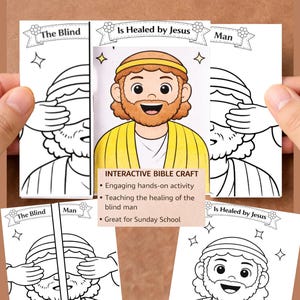 Könnte beinhalten: Ein interaktives Bibel-Bastelprojekt mit dem Text "JESUS HEILT DEN BLINDEN MANN." Das Bild zeigt eine Cartoon-Illustration von Jesus, der einen blinden Mann heilt. Das Bastelprojekt beinhaltet praktische Aktivitäten für den Sonntagsschulunterricht.
