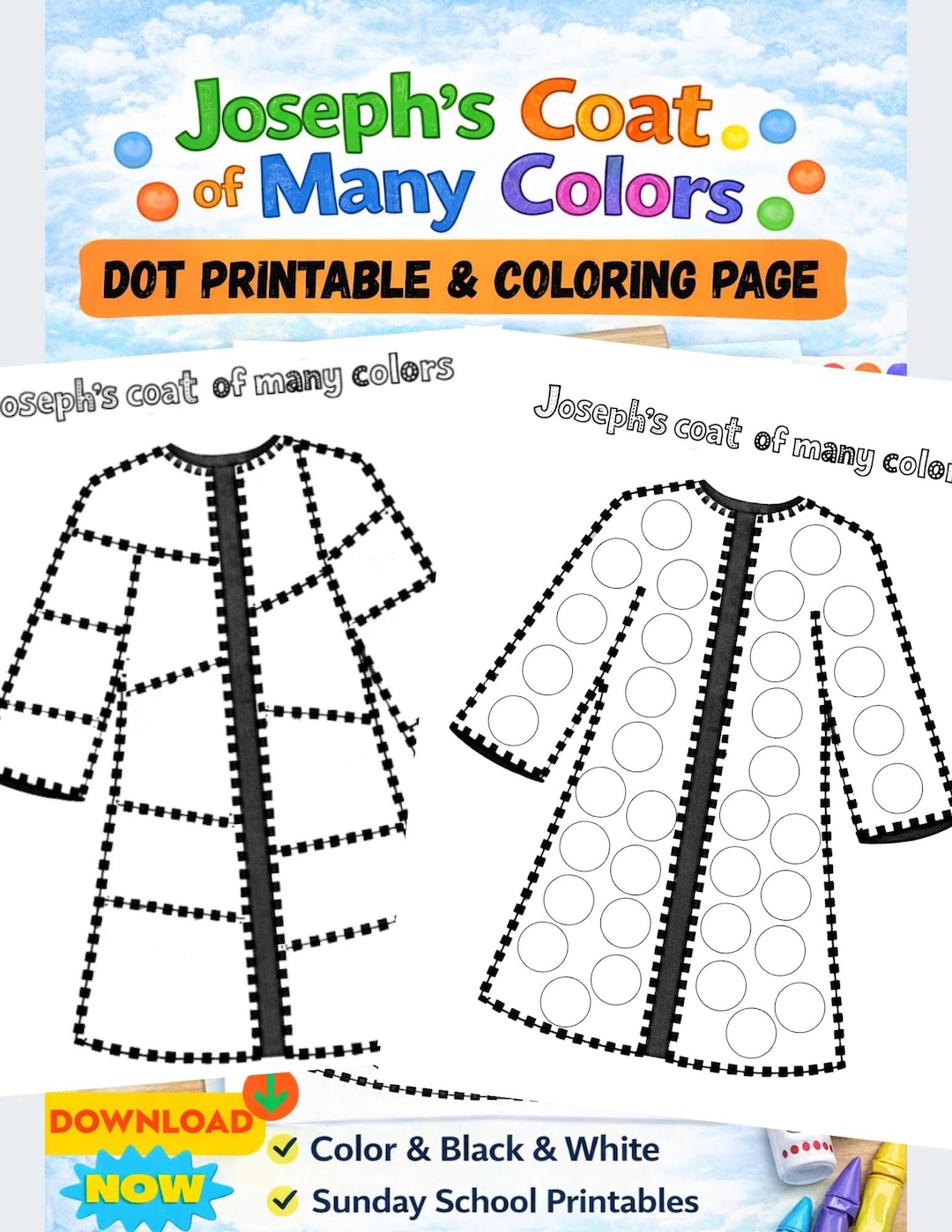 Joseph Coat of Many Colors Dot Printable and Coloring Page | Joseph ...