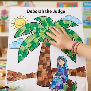 Op de afbeelding: Een knutselwerkblad getiteld Deborah the Judge met een palmboom en een figuur die eronder zit. De stam en bladeren zijn versierd met kleine vierkantjes bruin en groen vloeipapier. De zon en wolken zijn ingekleurd met kleurpotloden.