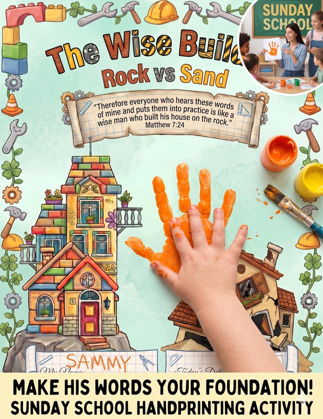 The Wise Builder Handprint Craft, Wise Man Built His House Upon the ...