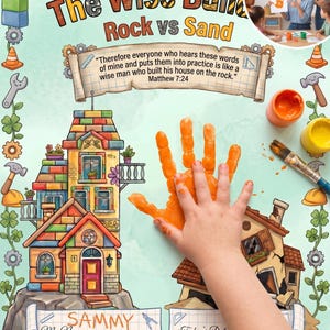Op de afbeelding: Een zondagsschool handafdruk-activiteitenblad getiteld The Wise Builder Rock vs Sand met een kleurrijke illustratie van een huis op een rots en een vervallen huis op zand, inclusief een bijbelvers, bouwgereedschap en een naamveld.