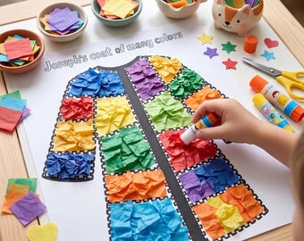 May include: A craft activity sheet titled Joseph's coat of many colors featuring a black outline of a coat being filled with crumpled squares of red, blue, green, orange, purple, and yellow tissue paper, with glue sticks and scissors nearby.