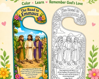 Road to Emmaus Door Hanger Craft, Bible Story Coloring Door Hanger, Jesus Appears on the Road to Emmaus, Sunday School Printable