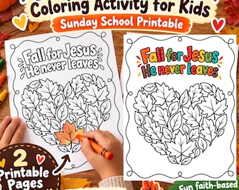 Páginas para colorear "Enamórate de Jesús, Él nunca te abandona", actividad cristiana de otoño para niños, imprimible para la escuela dominical, hoja para colorear bíblica de otoño.