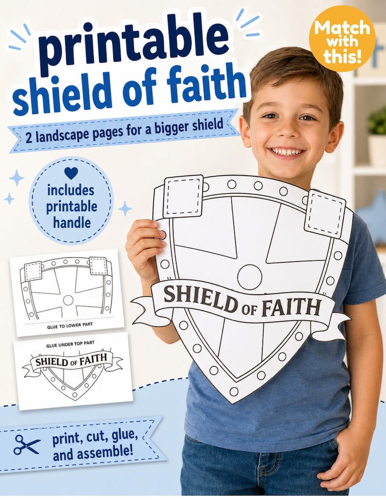 May include: A printable shield of faith, with a large shield design and the words "SHIELD OF FAITH" on a banner. The image includes instructions to print, cut, glue, and assemble the shield. The design is in black and white.