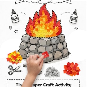 May include: A craft activity sheet titled Elijah and the Fire featuring a stone altar illustration. The design includes a fire outline to be filled with red, orange, and yellow tissue paper squares, glue bottle icons, scissors, and instructions.