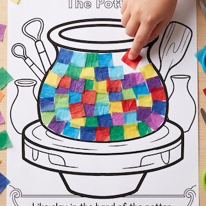 May include: A white paper activity sheet titled Jeremiah and The Potter featuring a black outline of a pottery wheel and pot. The pot is partially filled with small, colorful square tissue paper pieces. The text reads Like clay in the hand of the potter, so are you in my hand. Jeremiah 18:6.