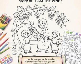 I Am The Vine Bible Coloring Page Digital Download - John 15:5 Sunday School Printable Activity Sheet for Kids