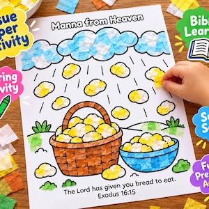 Può includere: Un foglio di attività in carta bianca intitolato Manna from Heaven con un cestino e una ciotola riempiti di quadratini di carta velina gialla e bianca, nuvole di carta velina blu e il testo The Lord has given you bread to eat. Exodus 16:15.