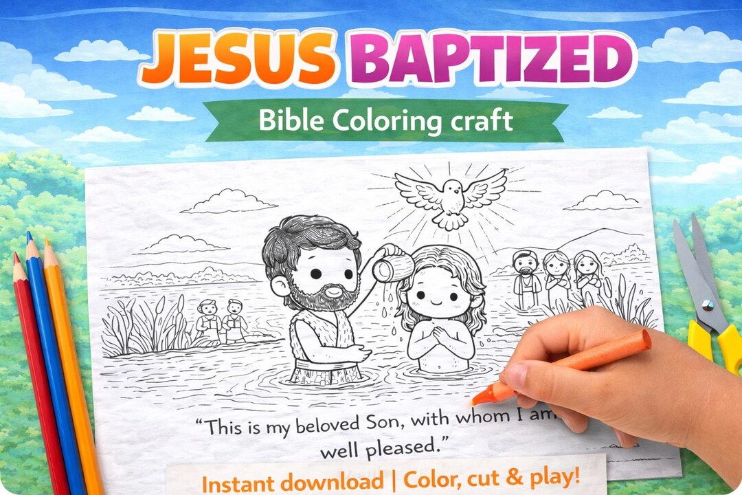 Buy Jesus Baptized Bible Coloring Page | Baptism of Jesus Christian ...