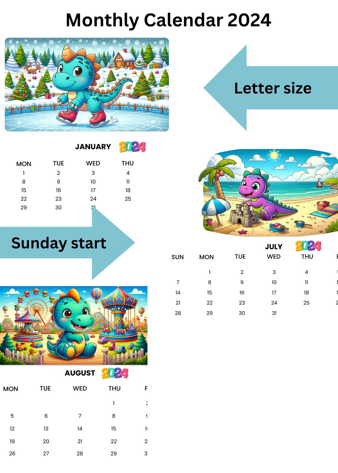 2024 Dinosaur Calendar Monthly Calendar Dinosaur printable Kids