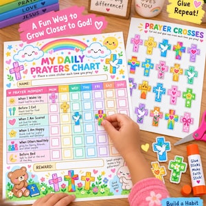 Puede incluir: Una hoja de actividades de tabla de oración diaria con una cuadrícula colorida, arcoíris e ilustraciones de dibujos animados. Incluye una hoja de pegatinas de cruces para recortar, una barra de pegamento y textos como My Daily Prayers Chart.