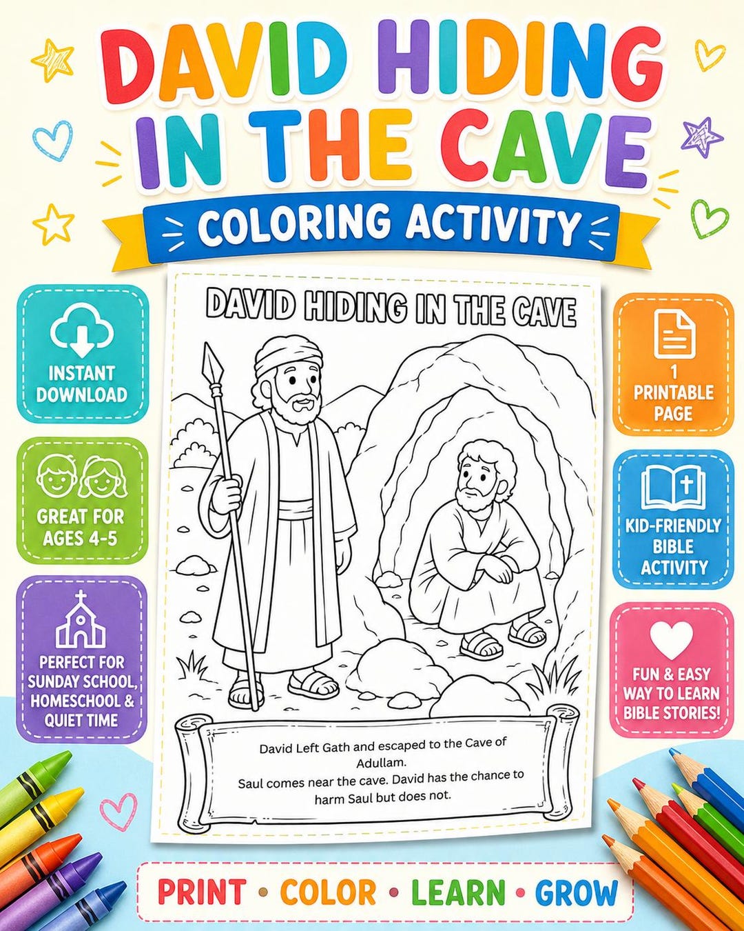 David Hiding in the Cave Coloring Page | David Spares Saul in the Cave ...