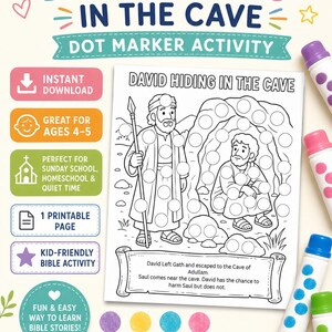 Puede incluir: Una hoja de actividades imprimible con rotulador de puntos en blanco y negro titulada "David escondido en la cueva". La ilustración muestra dos figuras en una cueva. La imagen incluye texto como "Descarga instantánea" y "Actividad bíblica para niños".