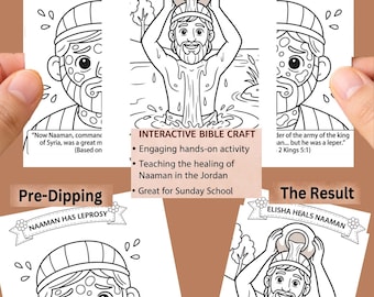 May include: A black and white printable colouring page depicting the biblical story of Elisha heals Naaman the leper. The sheet shows a man with spots on his face labelled Naaman has leprosy and a man pouring water over his head labelled Elisha heals Naaman.