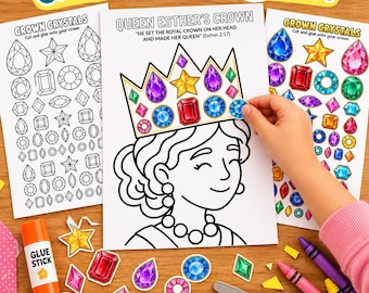 May include: A Queen Esther Crown Decorating Craft kit featuring three pages with a black and white illustration of a queen, crown outlines, and colorful crystal cutouts. Includes a glue stick, scissors, and crayons for coloring.