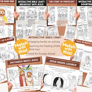 May include: A selection of interactive Bible craft pages, illustrating biblical stories including Jesus healing the blind man, the story of Pentecost, and the resurrection of Jesus. The pages are designed for hands-on activities.