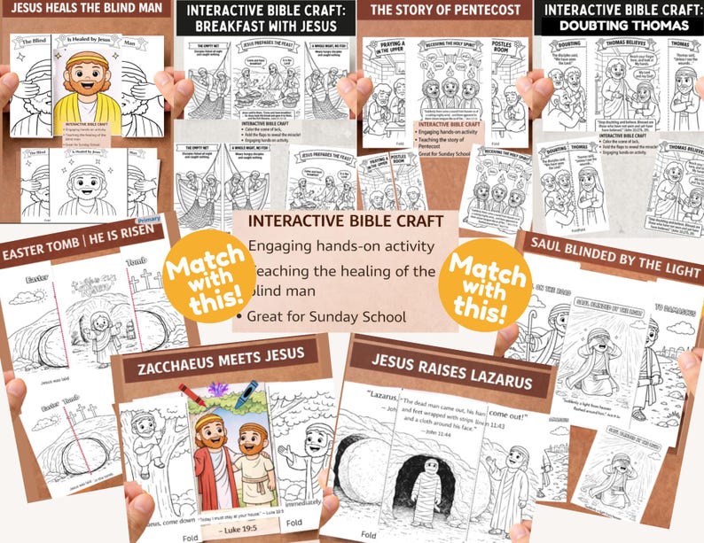 May include: A selection of interactive Bible craft pages, illustrating biblical stories including Jesus healing the blind man, the story of Pentecost, and the resurrection of Jesus. The pages are designed for hands-on activities.