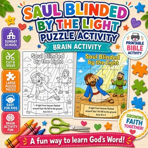 May include: A colorful educational activity set featuring a puzzle with the text "Saul Blinded by the Light." Includes crayons, scissors, and puzzle pieces. The text "A fun way to learn God's Word!" is also visible.