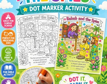 Pode incluir: Um conjunto de atividades de marcadores de pontos Rahab and the Spies com duas páginas imprimíveis com ilustrações em preto e branco e coloridas de personagens bíblicos, um círculo mostrando uma mão usando um marcador laranja e texto.