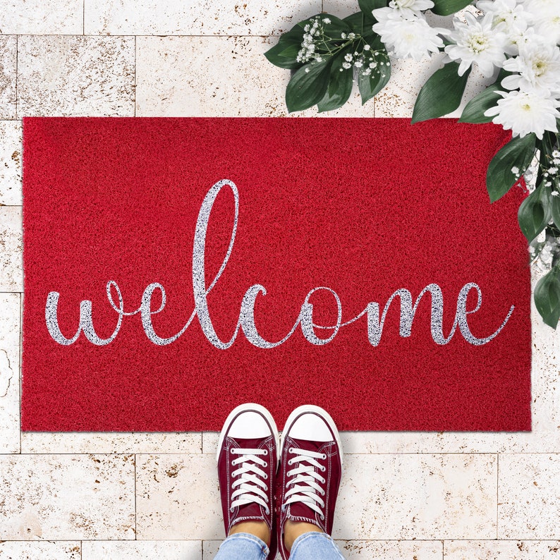 Welcome doormat Door Mat, Housewarming Gift, Home Decor, Front Door, Home Doormat, Last Name Door Mat, Custom Door Mat Red