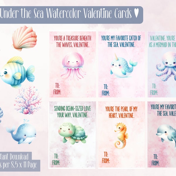 Under The Sea Valentine's Day Printables: Spread Love with Easy-to-Use Cards! Instant Digital Download Classroom Valentines Day Cards